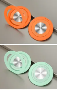 Tragbarer klappbarer Tablet Handy Ringhalter mit Doppelring Design in Orange und Gruen.
