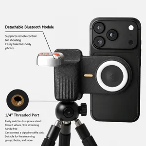 Impugnatura magnetica per telefono con telecomando Bluetooth rimovibile e treppiede.