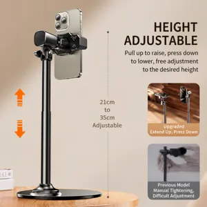 Desktop metal phone stand with adjustable height and live stream holder for video recording.