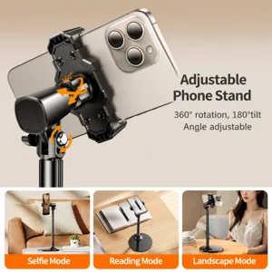 Metal desktop phone stand for live streaming, video recording, with 360-degree rotation.