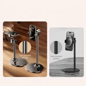 Metal desktop phone stand for live streaming, overhead video shooting, and desk support.