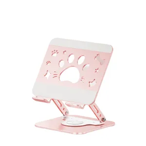 Support de bureau en métal rose pour ordinateur portable pivotant à 360 avec motif patte de chat