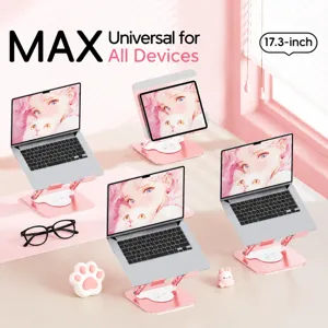Support de pc portable en métal rose avec joli design de patte de chat, pivotant à 360 degrés.