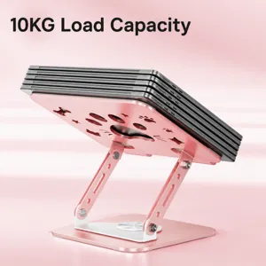 Support de bureau pour ordinateur portable pivotant à 360 degrés en métal rose avec refroidissement.