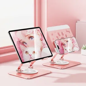 Pink desktop phone and tablet stand with 360-degree rotation, foldable carbon steel design.