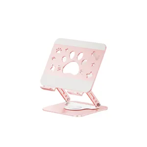Pink metal desktop stand for phone and tablet with cute cat paw hollow design and 360 rotation.