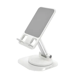 Verstellbarer klappbarer Handy- und Tablet-Schreibtischständer mit drehbarem Metallfuß.