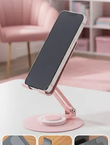 Macaron Metall Handyhalterung Detailansicht, mit 360-Grad-Drehung und faltbarem Design.
