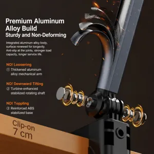 Metal cantilever desk clamp stand for phone and tablet live streaming and study use.