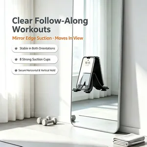 Flexible X-type suction cup phone holder detail showing strong mirror adsorption and stability.