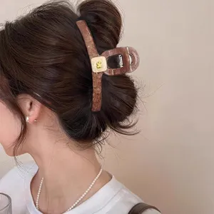 Large Hair Claw Clip For Women Polycarbonate Tortoise Shell Marble Pattern Gold Dog Metal Label Shark Clip Fashion Hair Accessories
