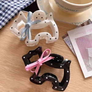 Cute polka dot puppy hair claw with bow resin shark clip trendy girl half up hair accessory