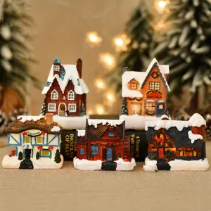 Christmas Glowing Resin Village House Miniature Snow View House LED Light Up Cabin Festive Desktop Micro Landscape Ornament Home Decor