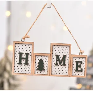 Wooden Christmas HOME hanging sign detail view, rustic holiday wall decor pendant ornament.