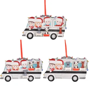 Noel en bois bus suspendu ornament famille et animaux arbre decoration cadeau mignon