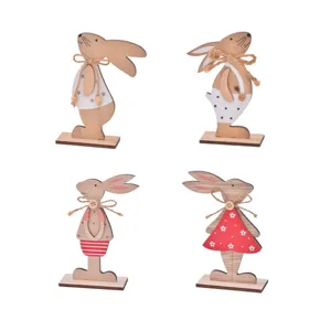 Easter wooden rabbit ornaments set, cute bunny table decor for spring holiday celebration.