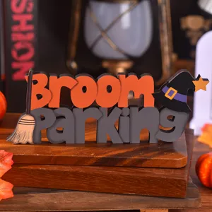 Halloween wooden tabletop decoration sign featuring broom parking design for holiday party.