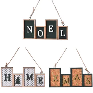 Christmas wooden hanging sign pendant set with NOEL HOME XMAS lettering and festive tree design.