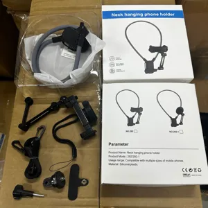 Detail view of neck hanging phone holder kit with flexible silicone strap and adjustable arms.