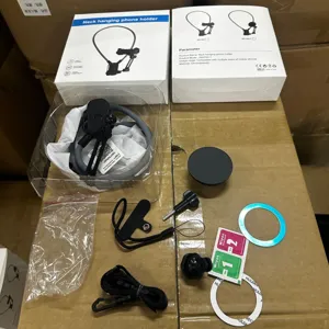 Detail view of the neck hanging phone holder kit, showing components and packaging accessories.