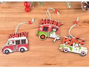 Close-up of wooden Christmas car hanging ornaments, featuring cute festive laser-cut designs.