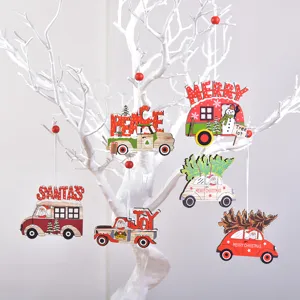 Christmas Wooden Car Hanging Ornaments Santa Claus Reindeer Patterns Tree Lot Decorative Wood Slices For Holiday Tree Decor