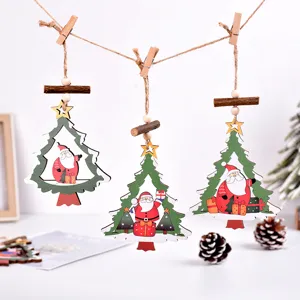Christmas wooden tree hanging ornaments, cute Santa Claus hollow design for home decor.