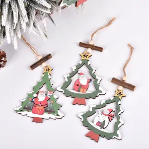 Christmas wooden hanging ornaments hollow tree pendants with cute Santa Claus and snowman.
