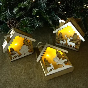 Navidad madera LED cabaña colgante colgante decoración luz cálida fiesta vacaciones regalo
