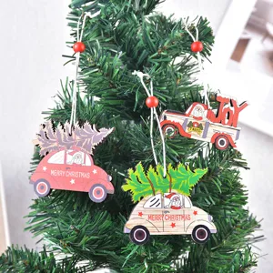 Wooden Christmas tree hanging ornament set, laser cut festive car decor with Santa.