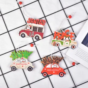Wooden Christmas car tree hanging ornaments set, rustic holiday tree decor for home party.