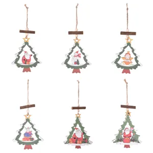 Christmas wooden tree hanging ornament set, cute cartoon holiday decor pendants for home.