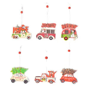 Christmas wooden car hanging ornaments set for holiday tree decoration and festive party props