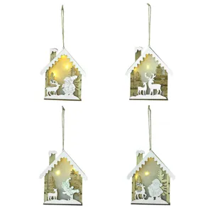 Navidad madera iluminada cabaña colgante adorno decoración festiva regalo 4pcs
