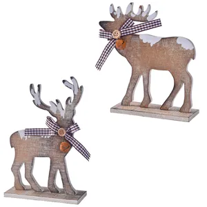 Hölzerne Weihnachtsrentier Tischdeko Set mit Karo Schleife und Glocke für Festliche Deko