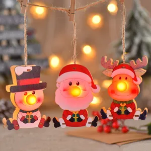 Glowing Wood Christmas Hanging Ornament Animated Figure Pattern Wooden LED Tree Pendant Delicate Holiday Party Table Accent Decoration