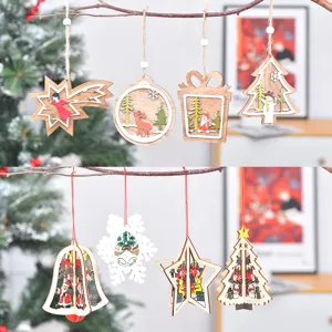 Weihnachtsanhänger aus Holz 3D Hohl Ausgeschnittene Dekorationen Weihnachtsmann Schneemann Rentier Engel Stern Glocke Schneeflocke Ornamente Für Haus Party