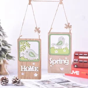 Holz Hängeschild Ostern Heimdeko Frühling rustikale Wandplakette mit süßen Vögeln und Blumen