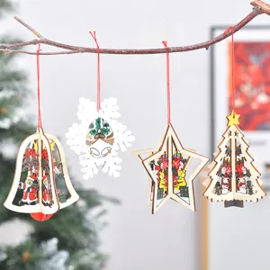Holz Weihnachtsbaum hängende Ornamente Set, 3D hohle lasergeschnittene Feiertags-Anhänger.
