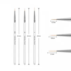 Tableau des tailles de pinceau liner nail art Kolinsky avec longueur et dimensions pour 000, 00, 0.