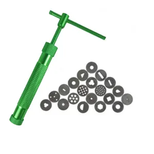 Rotary clay extruder tool with multiple shaping discs for soft polymer clay DIY pottery crafting.