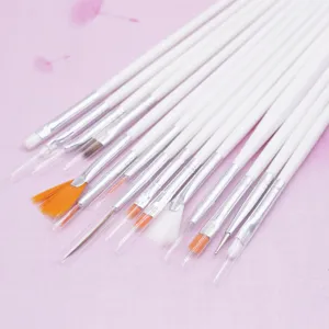 15-piece detail paint brush set with white handles for clay art, fine liner and fan brushes.