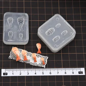 Miniatur DIY Puppenhaus Sushi Shrimps Silikonform und fertige kleine Ton Lebensmittel Werkzeuge.