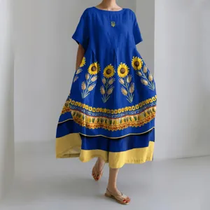 Women Casual Loose Short Sleeve Polyester Maxi Dress 3D Digital Printed Floral Sunflower Boho Long Dresses
