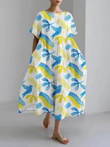 Loose casual women long dress with 3D digital print and peace elements for daily wear.