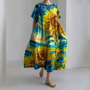 Artistic sunflower print dress detail view, showcasing vibrant digital floral pattern.