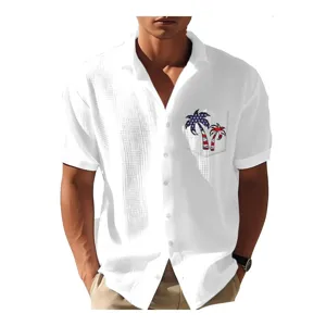 Camicia hawaiana casual a manica corta da uomo con stampa tasca palme bandiera americana.