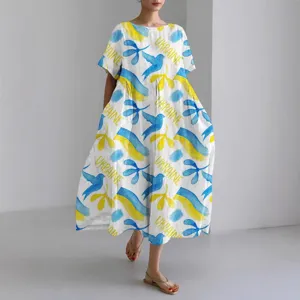 Casual loose short-sleeve midi dress featuring digital print design for women main view.