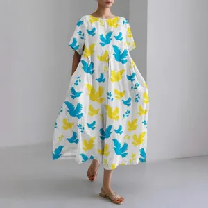 Casual loose short sleeve midi dress with blue and yellow peace dove print for women.