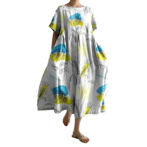 Casual loose short-sleeve midi dress featuring an artistic floral and wheat print for women.